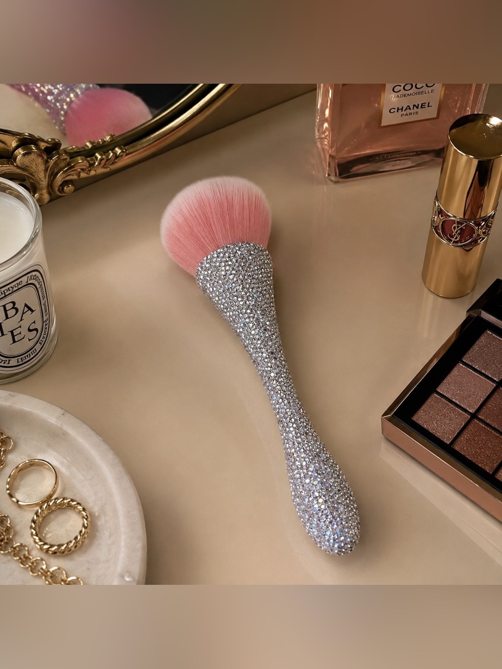 Sparkle Pink Cosmetic Powder Brush - Silver Crystal Handle. Never used!
